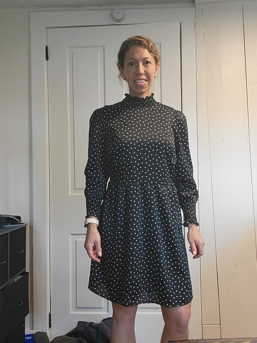 Ann Taylor Loft Black Polka Dot Long-Sleeve A-Line Dress Size 4p